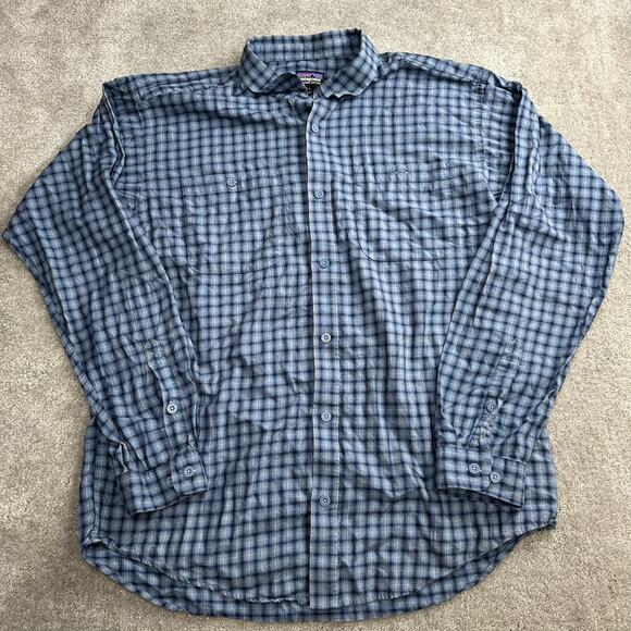 Patagonia Organic Cotton Blue Checkered Long Sleeve Shirt Size Large Button Down - Picture 1 of 7